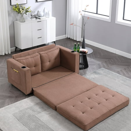 GEXPUSM 55" 3-in-1 Folding Sofa Bed with Side Storage Pockets, Modern,Double Futon Sofa,Brown
