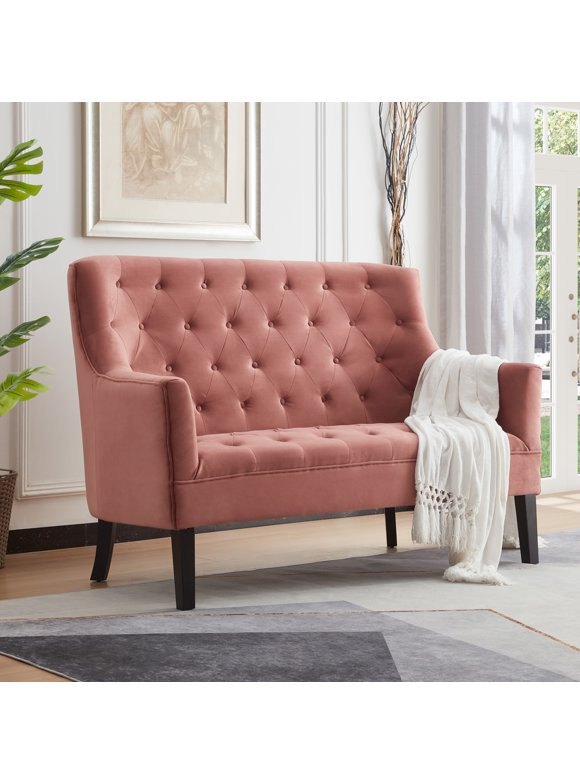 GEXPUSM Loveseat Sofa Couch, Mid-Century Modern Couch Love Seats Sofa for Living Room, Velvet Upholstered Small Couch for Bedroom, Apartment and Small Space, Pink