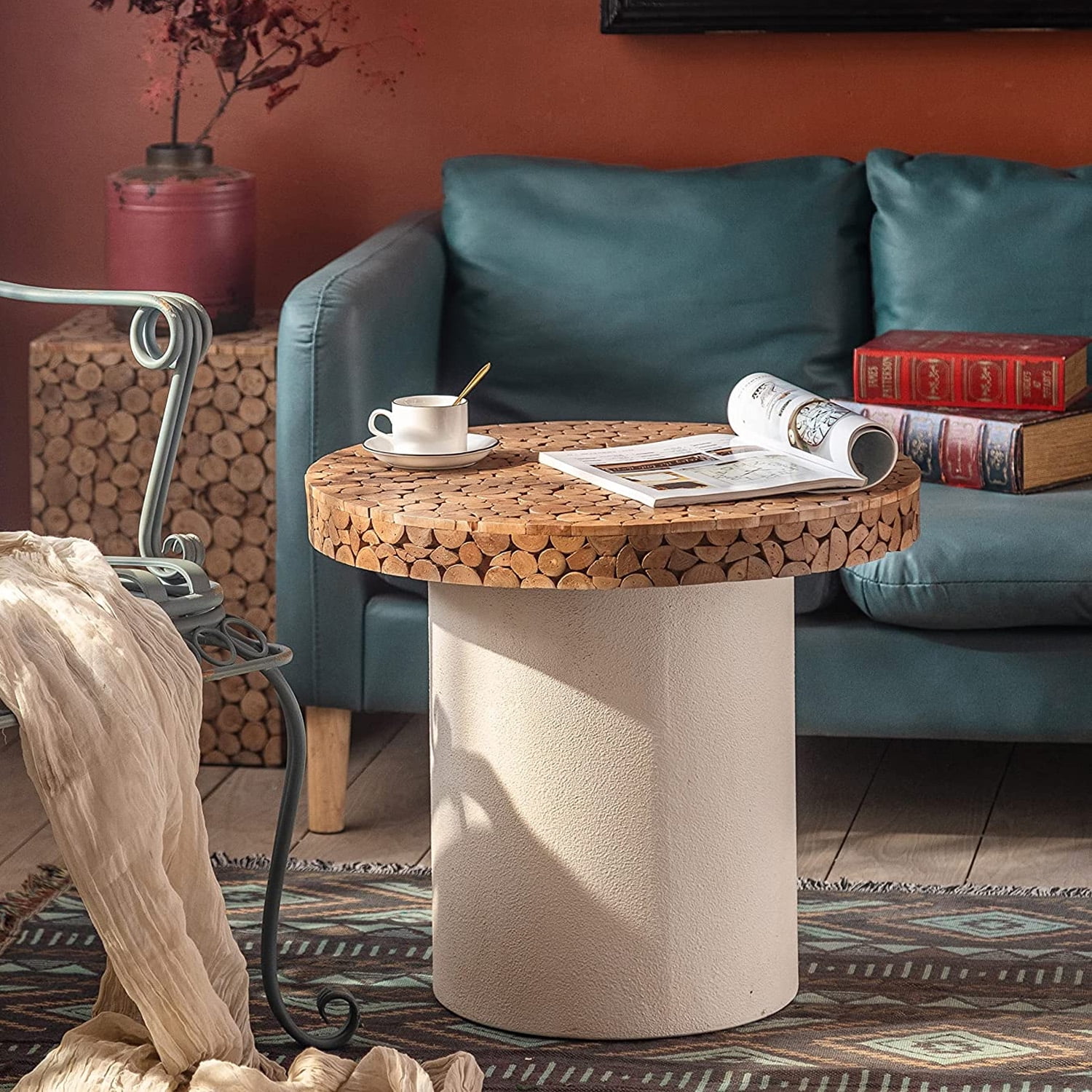 GEXPUSM Round End Table, Wood Boho Side Table for Living Room Retro