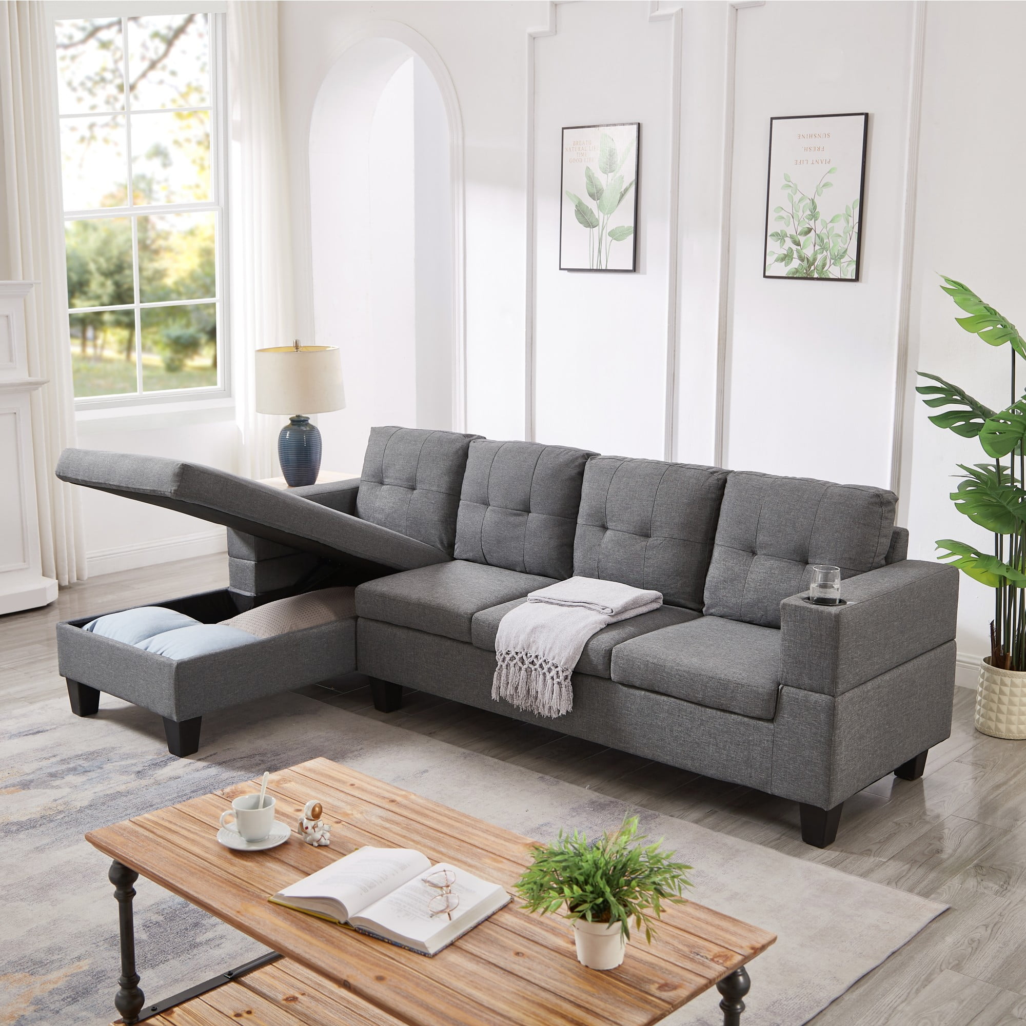 Lilola Home Waylon Gray Linen 6Seater UShape Sectional Sofa Chaise