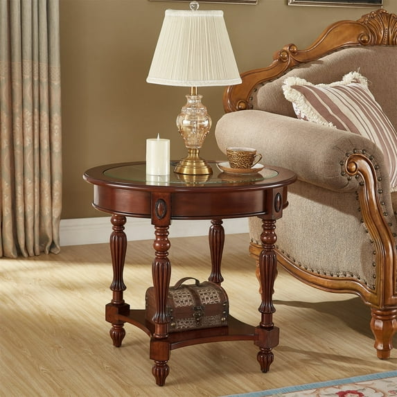 GEXPUSM Vintage Solid Wood Side Table with Glass Top Storage Shelf,Oval,Living Room Table,Dark Brown