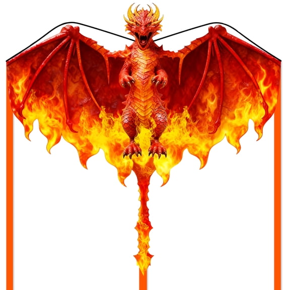 GEXWORLDWIDE 51" Fiery Dragon Huge Kite for Kids and Adults Red Flame Nylon Outdoor Kite for Beach Trip Park Family Outdoor Games and Activities