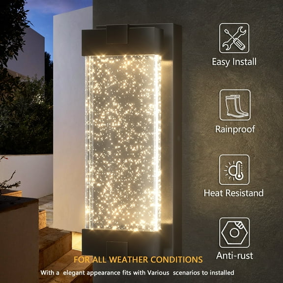 GEYANG Black Wall Sconce with K9 Crystal Bubble and Dusk to Dawn Sensor, Exterior LED Wall Mounted Light, Modern Porch Lantern, Light Fixture for Indoor and Outdoor
