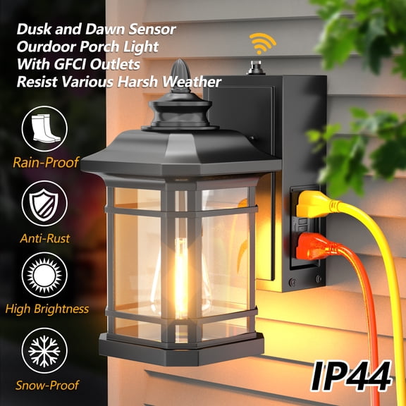 GEYANG Dusk to Dawn Outdoor Lights with GFCI Outlet Sensor Outside Exterior Porch Wall Light Fixture, Anti-rust Wall Mount Lantern,Waterproof Wall Sconce,Outside Lights for House Front Door