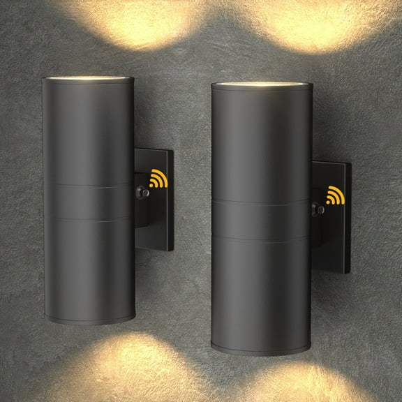 GEYANG Modern Outdoor Wall Light with Dusk to Dawn Sensor, Exterior Light Fixture Wall Mount Waterproof Anti-Rust Cylinder, Up and Down 2 Lights Black Sconces for Porch Patio House Outside Entryway