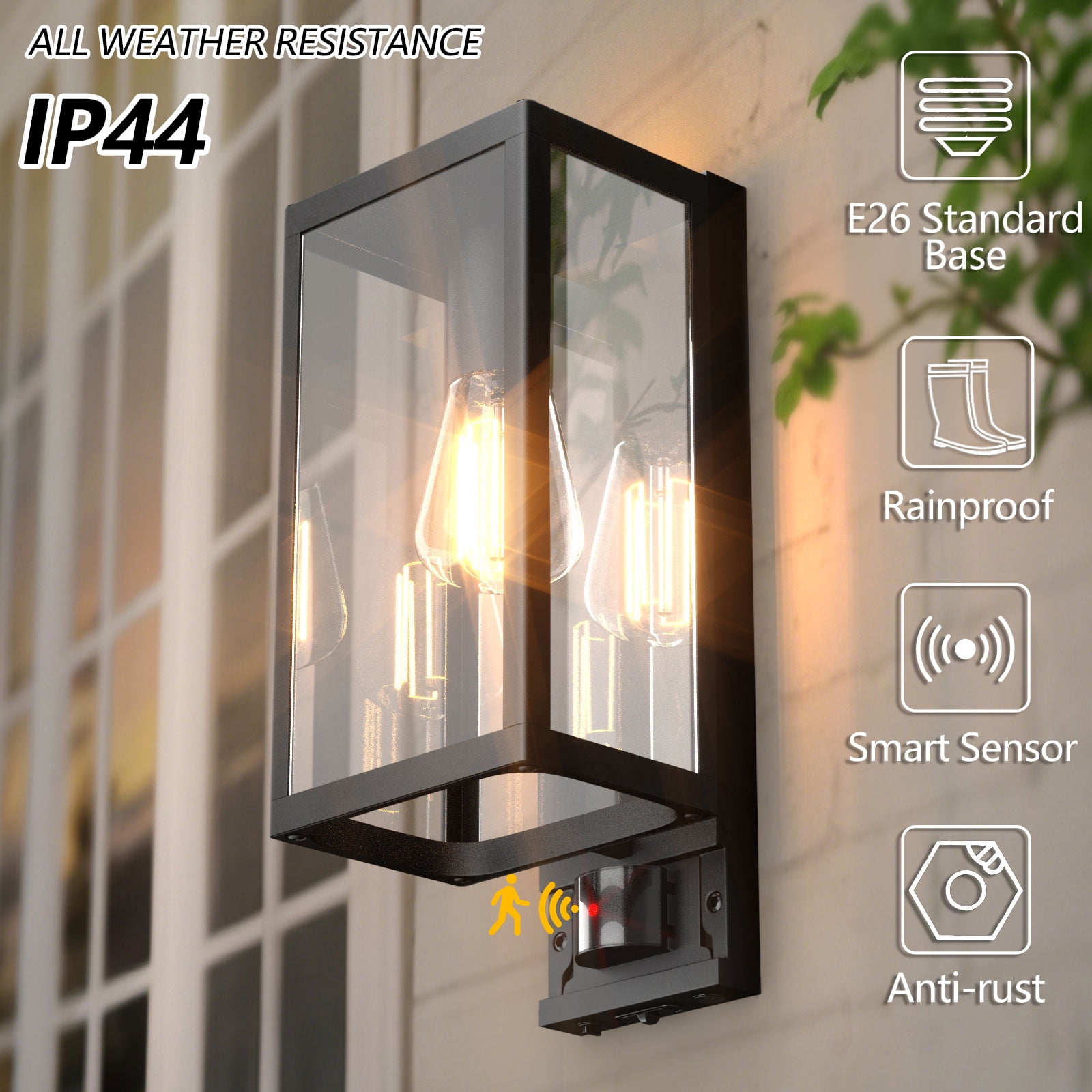 GEYANG Motion Sensor Outdoor Wall Lights, Dusk to Dawn Outdoor Lighting, Modern Wall Mount Light Fixtures, 3 Modes Black Square Exterior Wall Lanterns for Outside Garage, Bulb Not Included