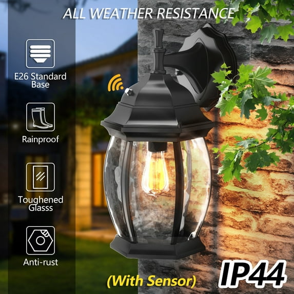 GEYANG Outdoor Wall Sconces Dusk to Dawn, Waterproof Porch Light Fixture Wall Mounted Lighting for Doorway Patio Garage Entryway, Aluminum Housing Plus Clear Water Glass(excluding light bulbs)