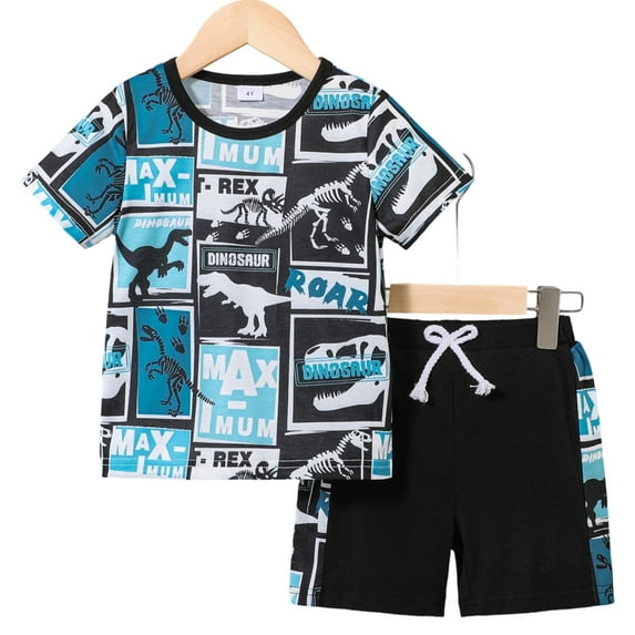 GEYEHUG Boys 2 Pieces Outfits Dinosaur Print Round Neck Short Sleeve Top and Shorts Set