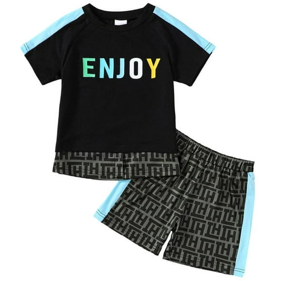 GEYEHUG Boys 2 Pieces Outfits Print Round Neck Short Sleeve Top and Shorts Set
