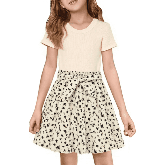 GEYEHUG Girl Summer Dress Set Round Neck Short Sleeve Ribbed Print Belt 2 Piece Dress