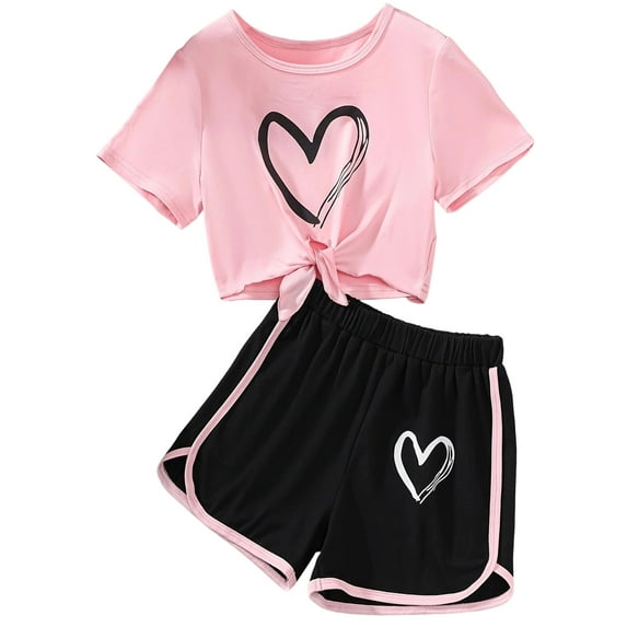 GEYEHUG Girls 2 Pieces Outfits Heart Print Round Neck Short Sleeve Top and Shorts Set