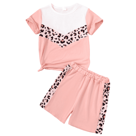 GEYEHUG Girls 2 Pieces Outfits Print Round Neck Short Sleeve Top and Shorts Set