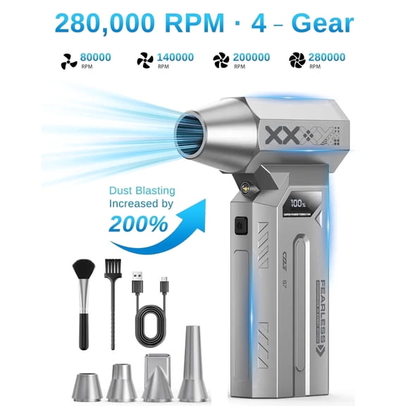 GEYILO Compressed Air Duster 280000 RPM for Electronics, Rechargeable PC Keyboard Cleaner, 4 Speeds