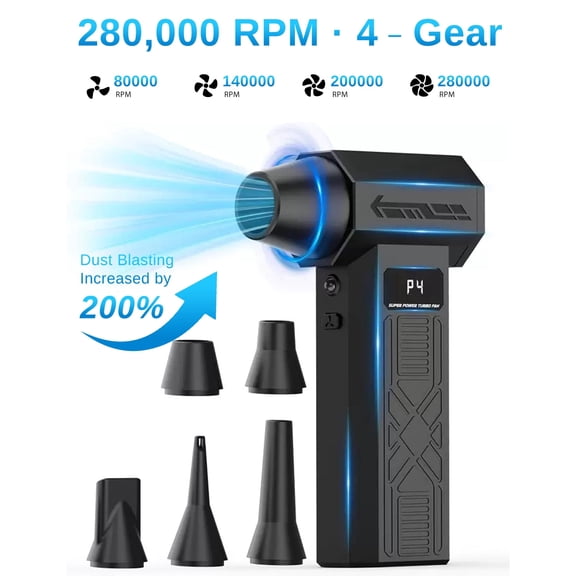 GEYILO Compressed Air Duster 280000 RPM for Electronics, Rechargeable PC Keyboard Cleaner, 4 Speeds