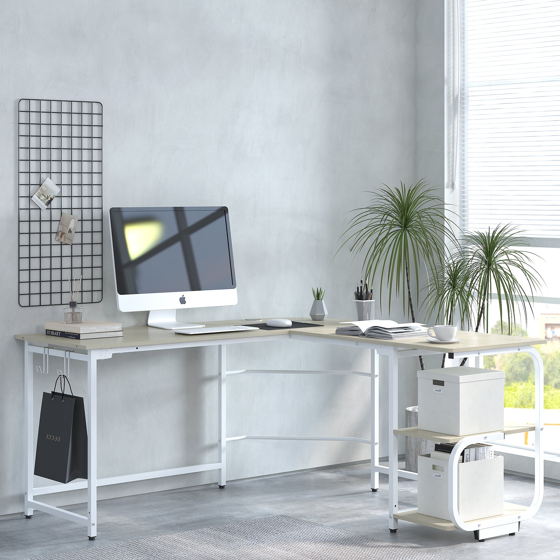 GEZEN 70" L Shape Computer Desk with 2-tier Bookshelf Storage, Home Office Corner Computer Table with Hooks, Beige