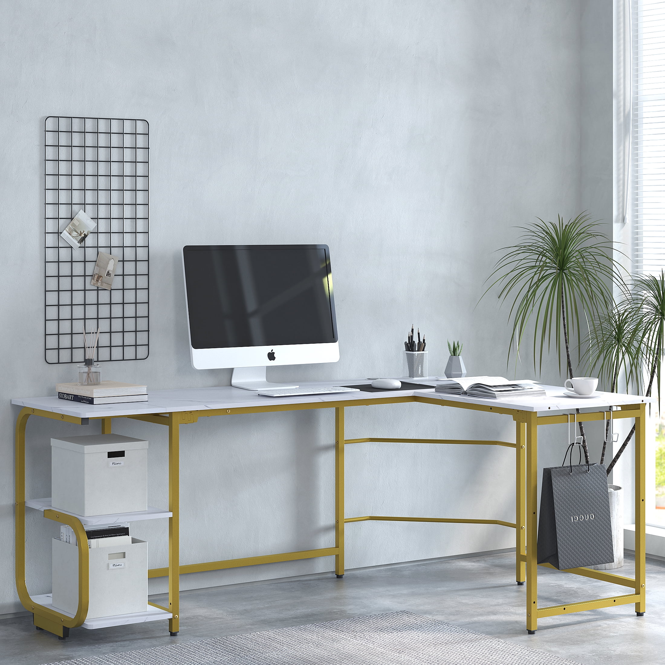 GEZEN 70" L Shape Computer Desk with 2-tier Bookshelf Storage, Home Office Corner Computer Table with Hooks, White with Gold Frame