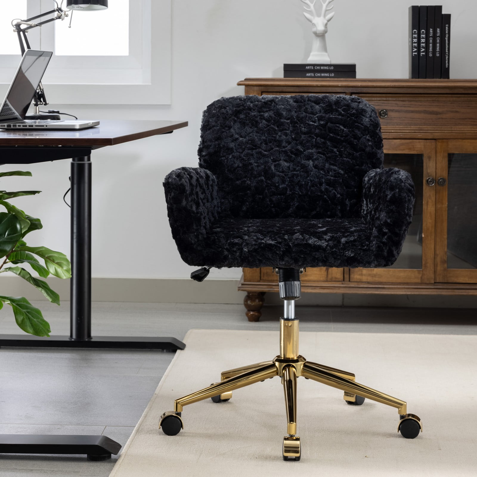 GEZEN Office Chair, Artificial Rabbit Hair Home Desk Chair with Wheels and Golden Metal Base, Adjustable Height, 360 ° Swivel Task Chair, Vanity Chair, Easy to Assemble, Shiny Black