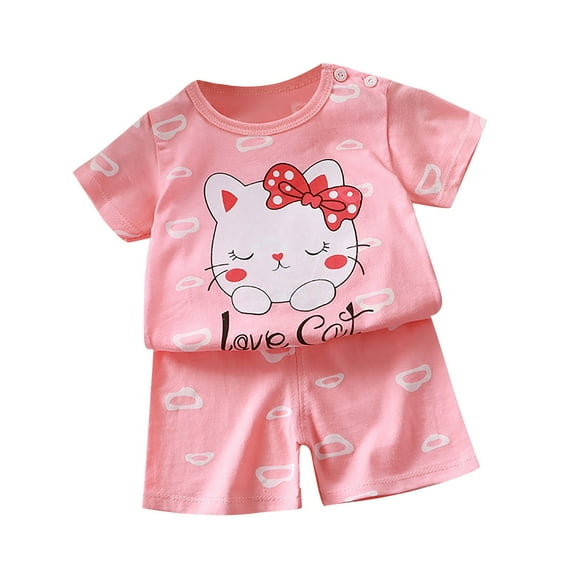 GEZHEN Girls Boys Summer Cartoon Printing Short Sleeve Shorts Two PC Set Relaxed Fit Casual Outfits