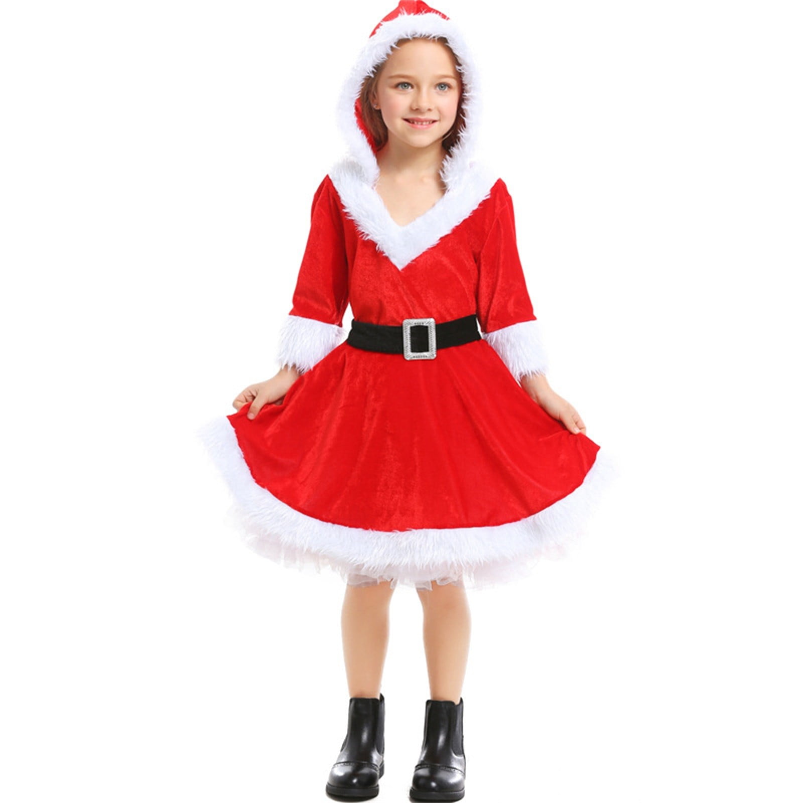 GEZHEN Girls Christmas Mrs. Santa Claus Costume Red Velvet Hoodie Dress Girls Tulle Fall Winter Long Sleeve Hat Holiday Party Dress with Belt 4-14 Years