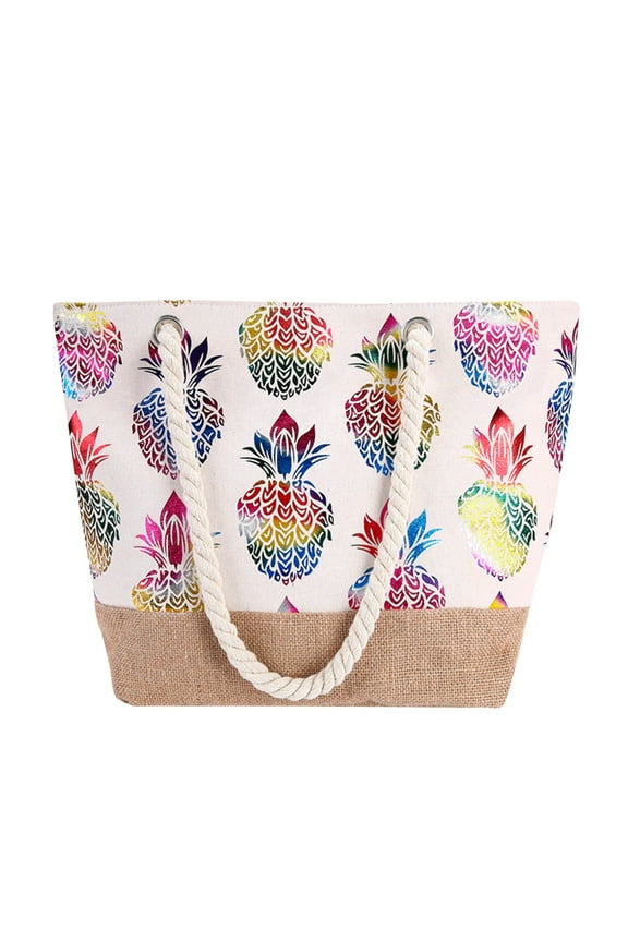 Hot Fashion Metallic Pineapple Print Canvas Summer Vacation Beach Shoulder Bag Women Rope Casual Handbag Cotton Shopping Bag Shoulder Bag Simple Pineapple Print Hand Shopping Bag