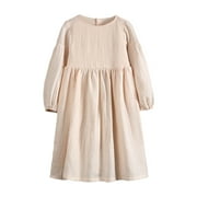 GEZHEN Kids Children's Summer Long Sleeve Solid Color Dress Girl Casual Solid Color Cotton Linen Dress Clothing Fashion Cotton Stretchy Party Dress Fashion