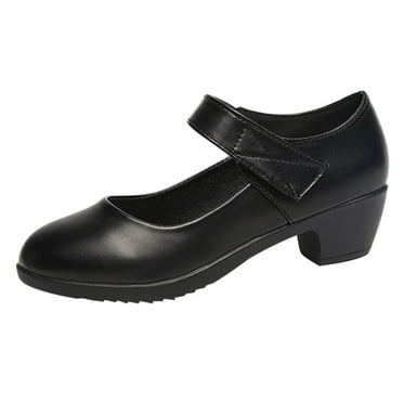 GEZHEN Round Toe Leather Thick Heel Solid Color Shoes Women's Work Single Comfortable Casual Shoes Non Slip Low Top Platform Shoes