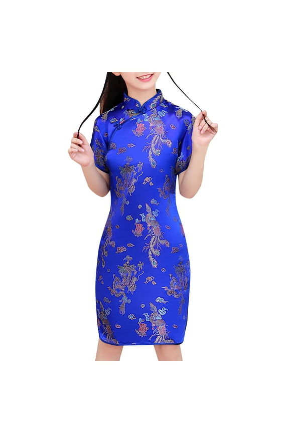 Toddler Big Kids Girl Casual Chinese Style Girl Baby Girl Short Sleeve St Up Collar Plated Buckle Chinese Cheongsam New Year's Gown Holiday Dresses Cotton Stretchy Party Dress Fashion