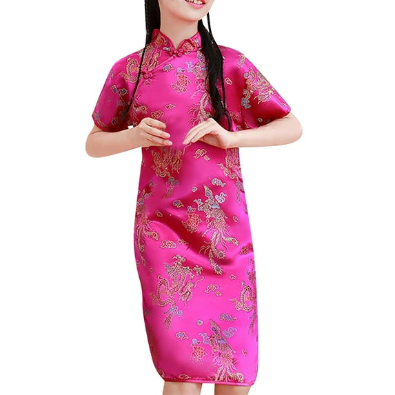 GEZHEN Toddler Big Kids Girl Casual Chinese Style Little Girl Baby Girl Short Sleeve St Up Collar Plated Buckle Chinese Cheongsam New Year's Gown Holiday Dresses Cotton Stretchy Party Dress Fashion