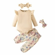 GEZHEN Toddler Wedding Playsuit Spring Spring Flower Print Long Sleeve Romper Pants Four Piece Korean Edition Minimalist Set