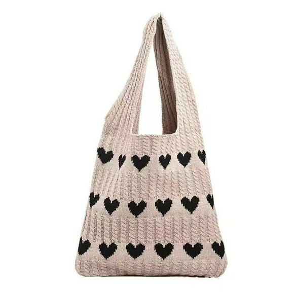 GEZHEN Women Knit Tote Bag Crochet Shoulder Bag Love Heart Pattern Handbags Aesthetic Everyday Knitted Bag Small Fresh Simple Knitted Bag Shoulder Bag