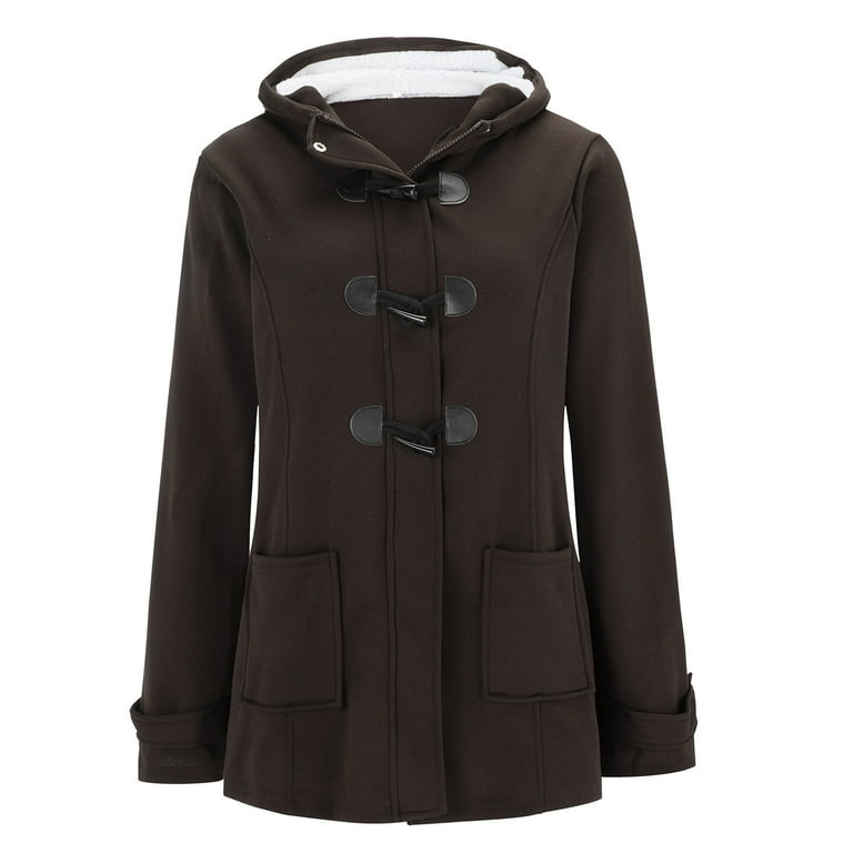 Women horn button cotton fleece hooded duffle coat cheap