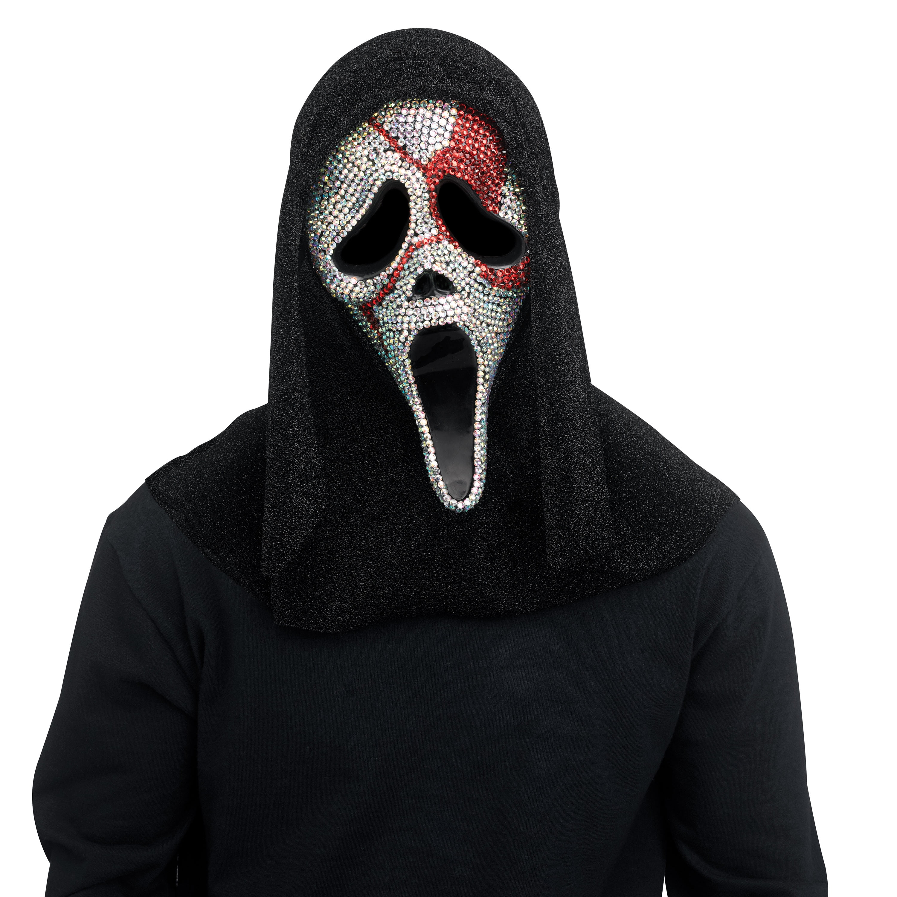 Ghost Face Bloody Bling mask with iridescent rhinestones, red accents and a black hood