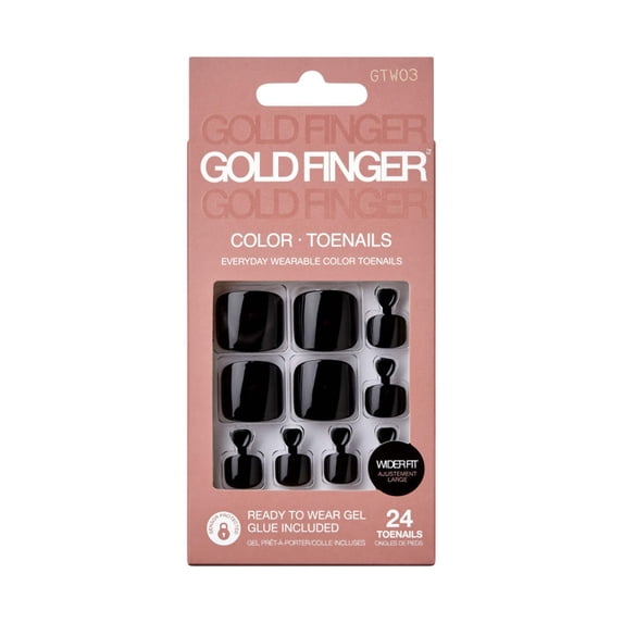 GoldFinger Press On Toenails Kit Wider Fit, Bold Glossy Black Color Toenail, Ready to Wear Gel & Manicure Stick, 2g Glue included, Long-Lasting Convenient & Easy to Apply