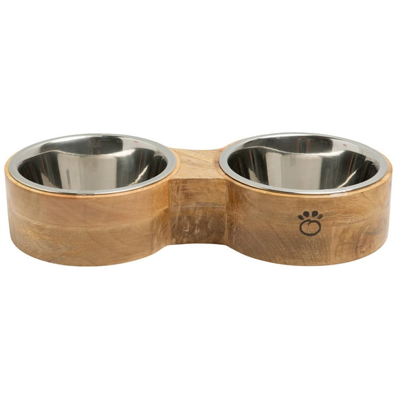 GF Pet Figure 8 Feeder Dog Bowl Mango Wood Elevated Removable Stainless Steel Insert for Small Medium Large Dogs, L