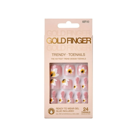 GoldFinger Trendy Press On Fake Toenail Kit, White Flower Pink Color, Ready to Wear Gel & Manicure Stick, Mini Glue included, Long-Lasting Convenient & Easy to Apply
