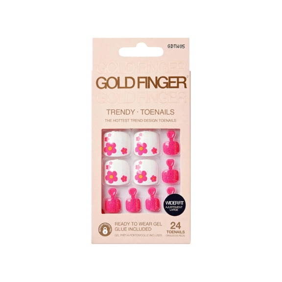 GoldFinger Trendy Press On Fake Toenail Kit Wider Fit, Cute Flower Print & High Pigment Pink Color, Ready to Wear Gel & Manicure Stick, Mini Glue included, Long-Lasting Convenient & Easy to Apply