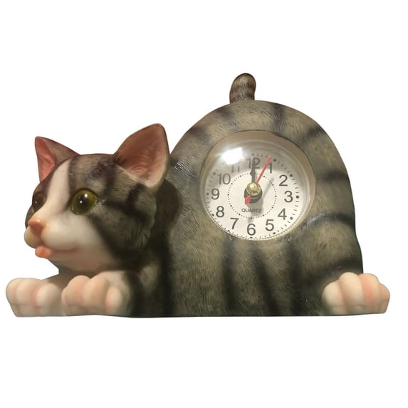 GF63 Small Gray Tabby Cat Desk Clock with Wagging Tail