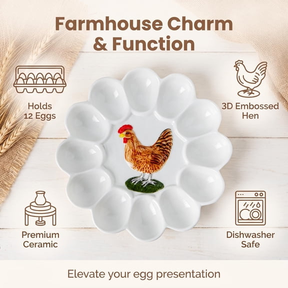 GFCAS-12-Hole Ceramic Hen Deviled Egg Platter White with Hand-Painted Design
