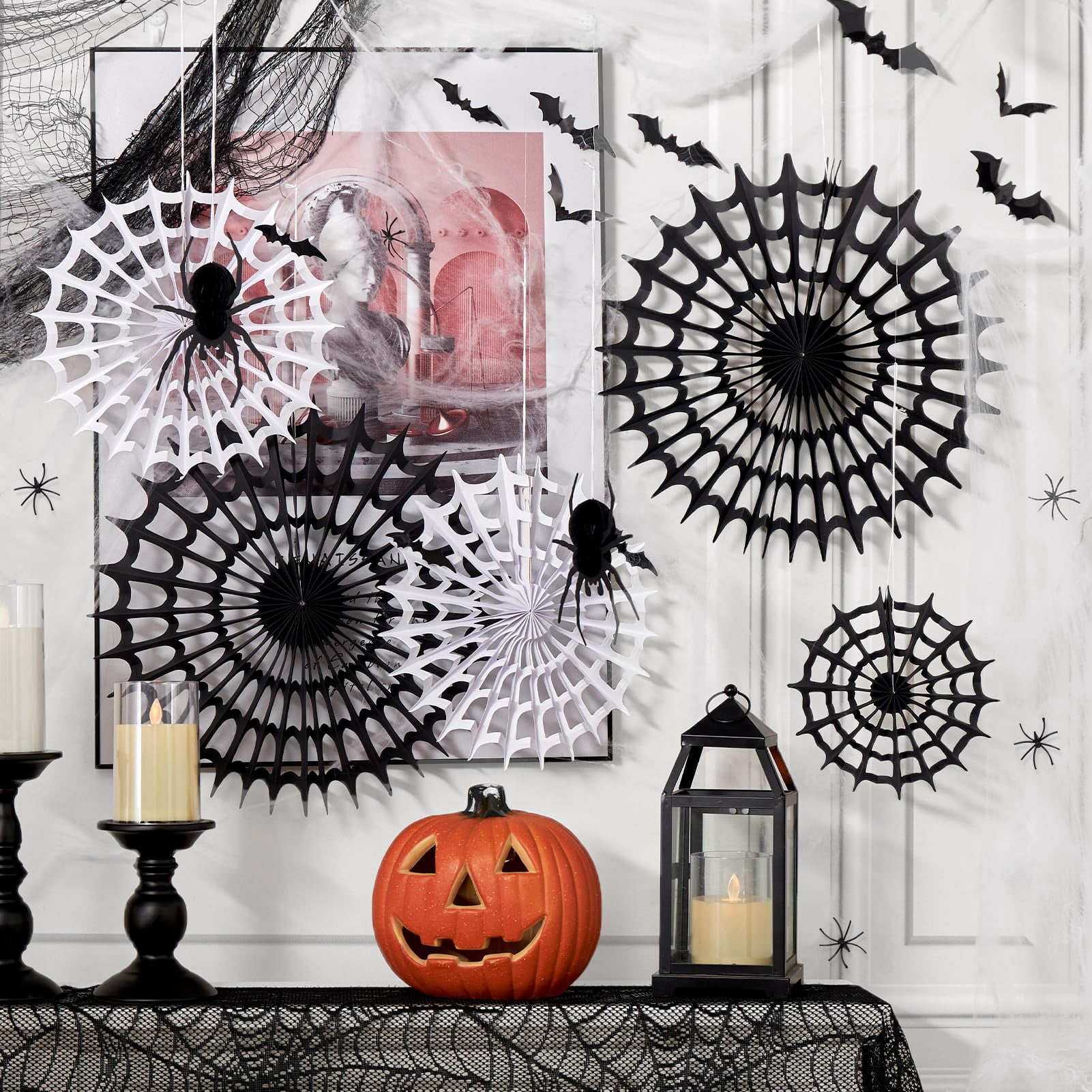 Halloween Spider Web Decor with Paper Fans, Fake Spiders and Bat ...