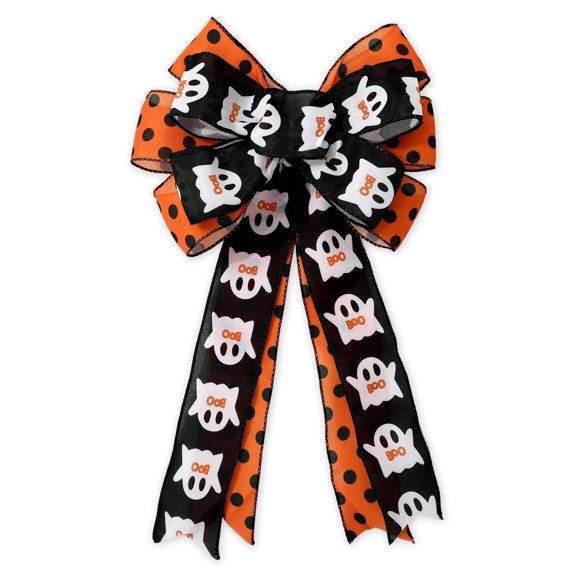 Halloween Wreath Bow with Ghost Boo Polka Dots Wired Edge Black Orange Fabric Decor 11 x 20.3 Inch