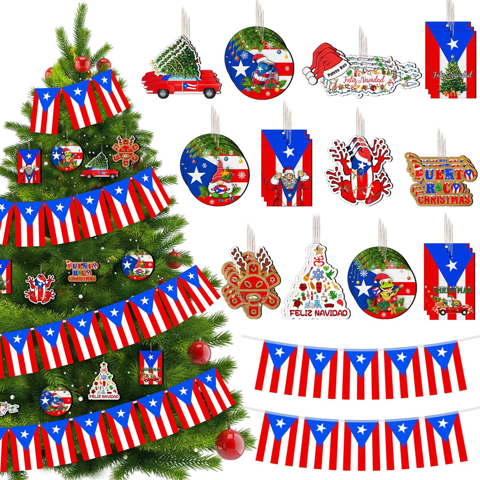 Social String Puerto Rico Christmas Tree Ornament Set with Flag String 37 Pieces ...