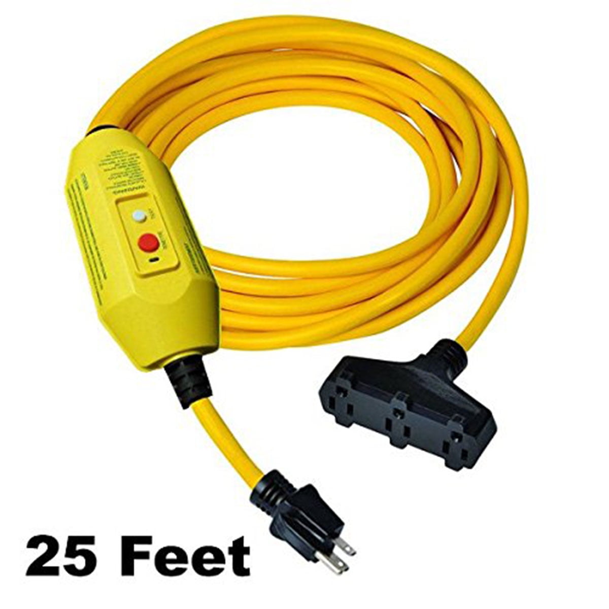 GFCI Inline Power Extension Cord 3 Outlets 25 FT Cord