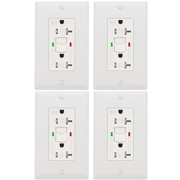 GFCI Outlet 20 Amp 4 Pack, UL Lted, Self-Test with LED Indicator, Tamper-Restant, Weather Restant Recta Indoor or Outdoor Use with Decor Wall Plates and Screws