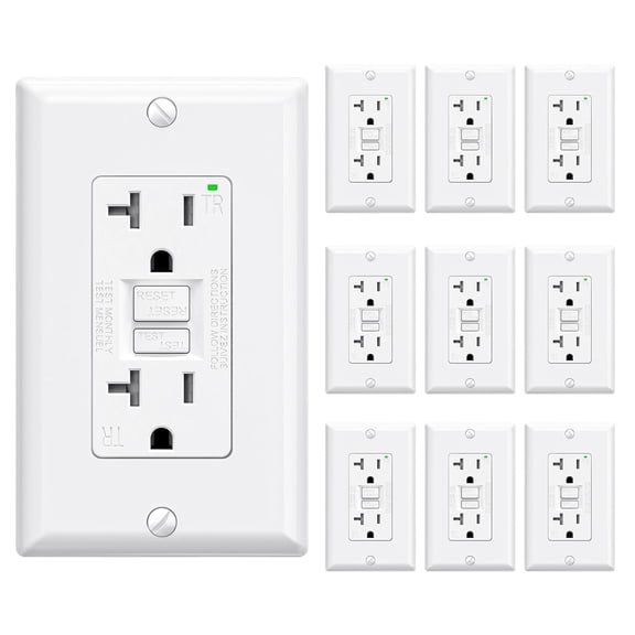 GFCI Outlet 20 Amp, Self-Test GFI Electrical Outlet with Narrow Design, Tamper Restant GFCI Recta with LED Indicator, UL Lted, White, Wall Plate Included, 10 Pack