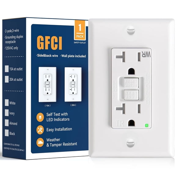 GFCI Outlet 20 Amp with Thinner Design, Weather Resistant (WR), Self-Test GFI Receptacles with LED Indicator, Wall Plates and Screws Included, Indoor or Outdoor, ETL Listed, White,1Pack