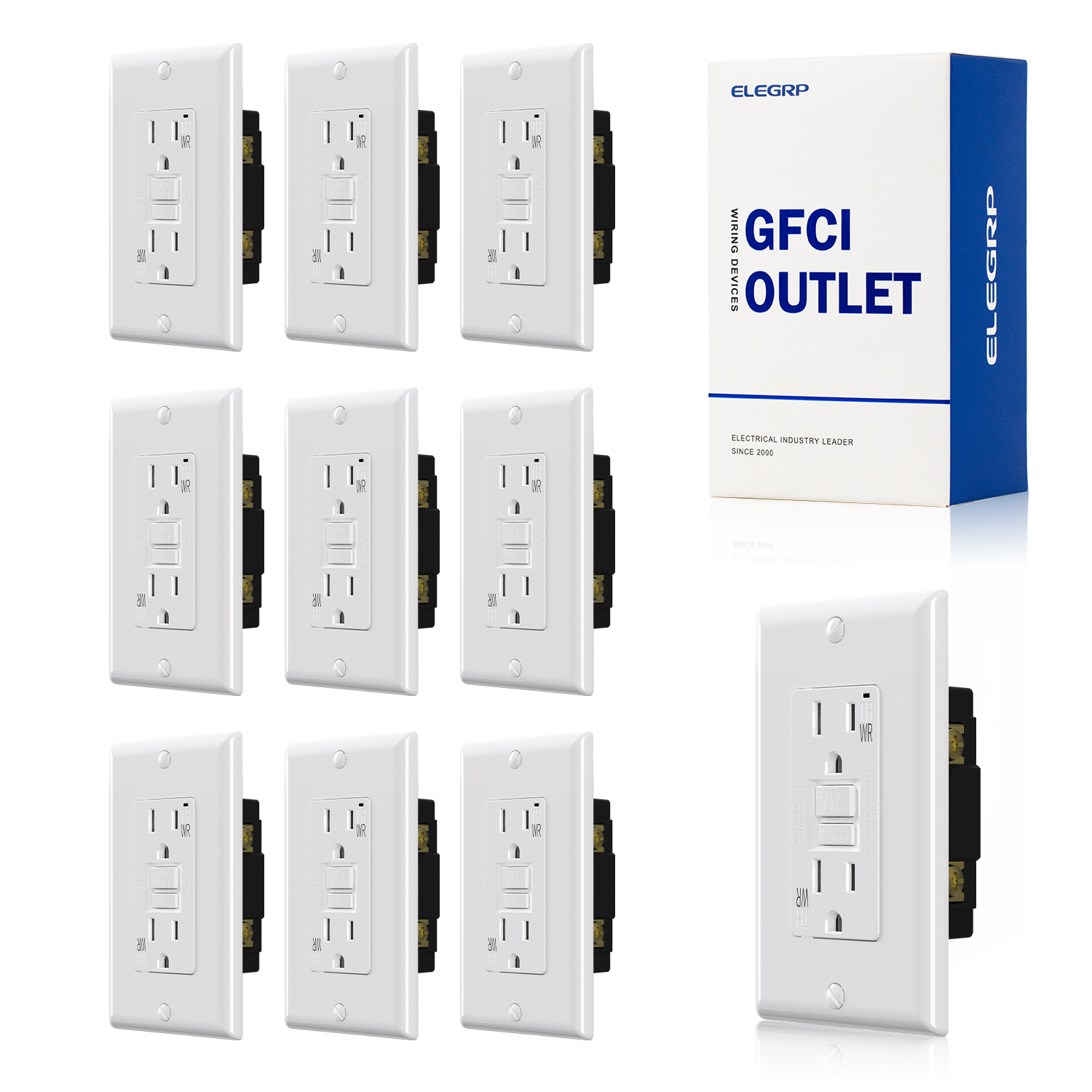 ELEGRP GFCI Outlet Outdoor, 15 Amp Electrical Outlet, Weather & Tamper Resistant GFCI Receptacle, Ground Fault Receptacle with Screwless Wall Plate, UL Listed, White 10PC