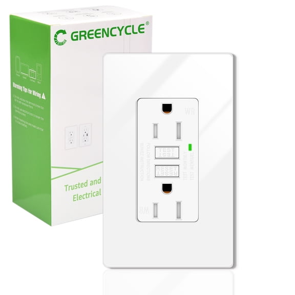 GFCI Plugs Greencycle 15amp Weather Resistant GFCI Outlet, Tamper Resistant GFI Receptacle with LED Indicator, Decor Wall Plate and Screws Included, ETL Certified, White
