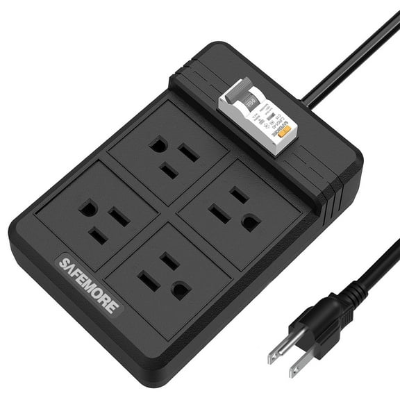 GFCI Power Strip with 5.9FT Heavy Duty Extension Cord, SAFEMORE 15Amp 4 Outlets with 10mA RCBO Circuit Breaker for Pool Pump, Power Pressure Washer, Kitchen - Black