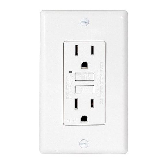 EZ-FLO 62167 Duplex 15 Amp 125 V Self-Test Slim GFCI Outlet with LED Indicator and Wall Plate, White