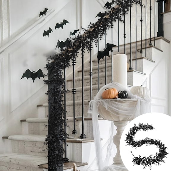 GFHFHITJ 70 Inch Halloween Garland, Simulated Black Rattan Vines Leaves Strip Ceiling Decoration, Artificial Hanging Fake Vines Stair Duct Blocking Wrapping for Halloween Party Home Decor